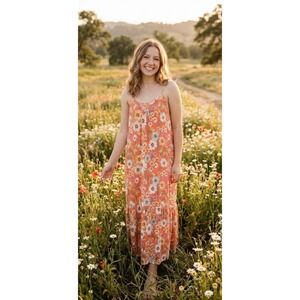 Sweet Lemon Coral Floral Tiered Maxi Dress L Boho Daisy Print